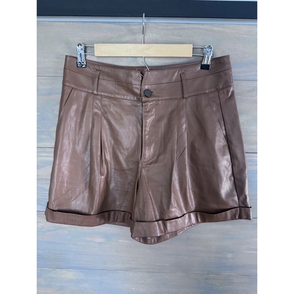 PAIGE Blanka Short Dark Argan Vegan Leather Brown High Rise Pleated Size 8 - Picture 4 of 10